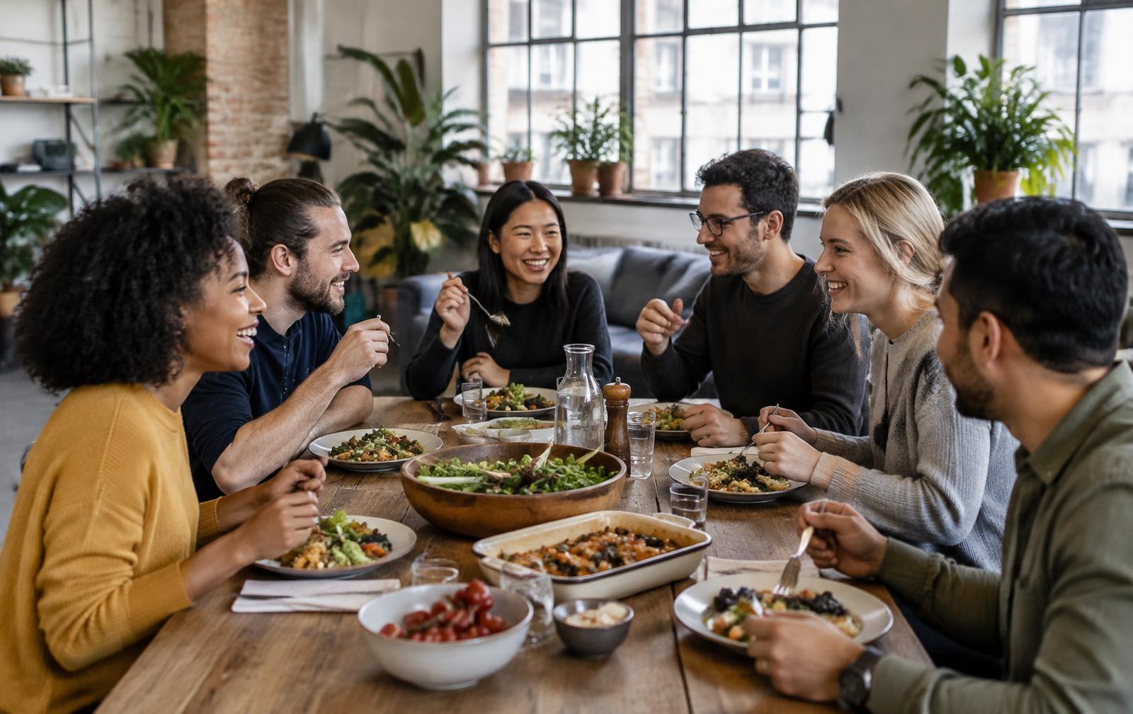 Team sitzt lachend gemeinsam beim Mittagessen am langen Tisch im Büro